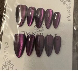 Purple Cat Eye‎ Almond Press On Nails Medium Length Manicure False Nails